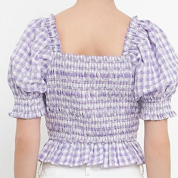 English Factory Smocked Gingham Blouse Medium Purple NEW NWT - Picture 5 of 8